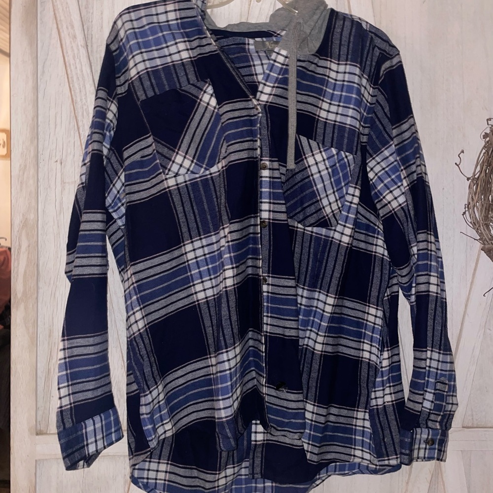 Blue and White Plaid Button-Up hoodie